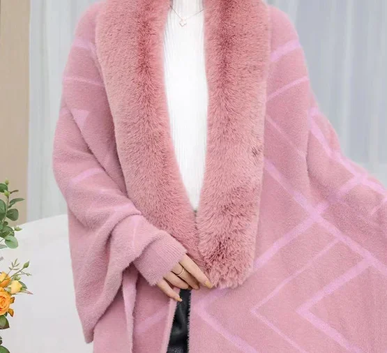 ฤดูหนาวเลียนแบบ Sable ถักผ้าคลุมไหล่เลียนแบบ Rex กระต่าย Cape Fur Collar Poncho แฟชั่น Upscale Capes สีกากีเสื้อคลุม