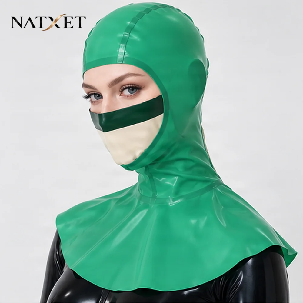 NATXET Handmade Natural Latex Open Face Hood 0.4mm Rubber Mask with Shoulder Cape Back Zipper Face Mask Mouth Mask Custom