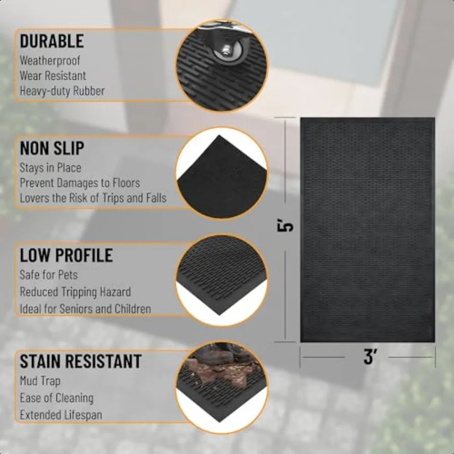 ممسحة مطاطية سهلة التنظيف ومقاومة للماء وغير قابلة للانزلاق مقاس 3 × 5 للاستخدام الداخلي والخارجي مقاس 35 × 60 بوصة باللون الأسود #4