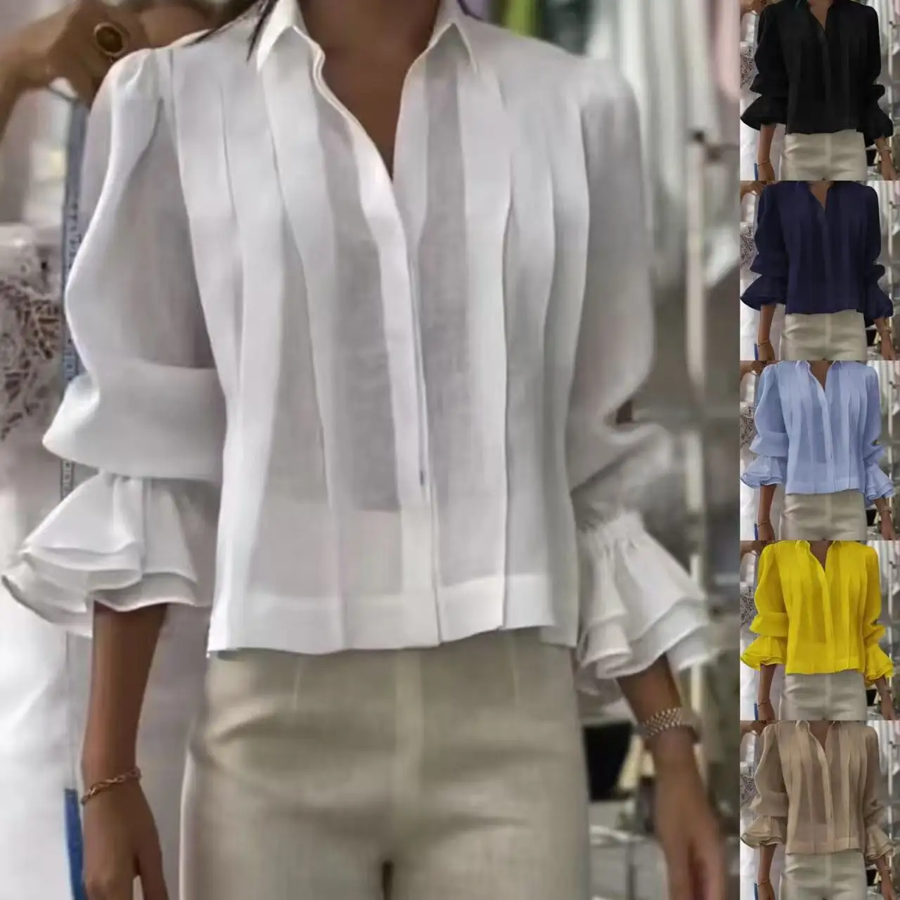 

Summer Casual And Versatile Women's Shirts Fashionable Solid Color Lapel Half-sleeved Loose Tops Autumn New Commuter Clothing