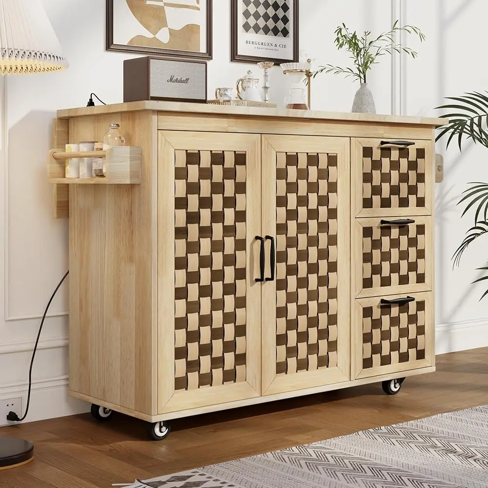 

Kitchen Island With 3D Woven Checkerboard Pattern Design&Drop Leaf,Rolling Kitchen Islands On Wheels W/Internal Storage