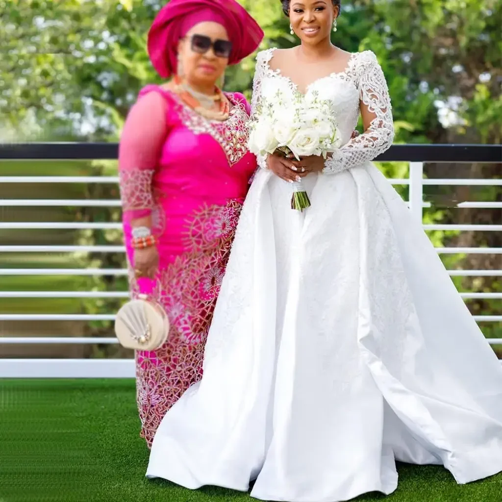 Apliques modernos personalizados, vestido De novia con perlas, cola De catedral, bata De talla grande para jardín, Manche Longue