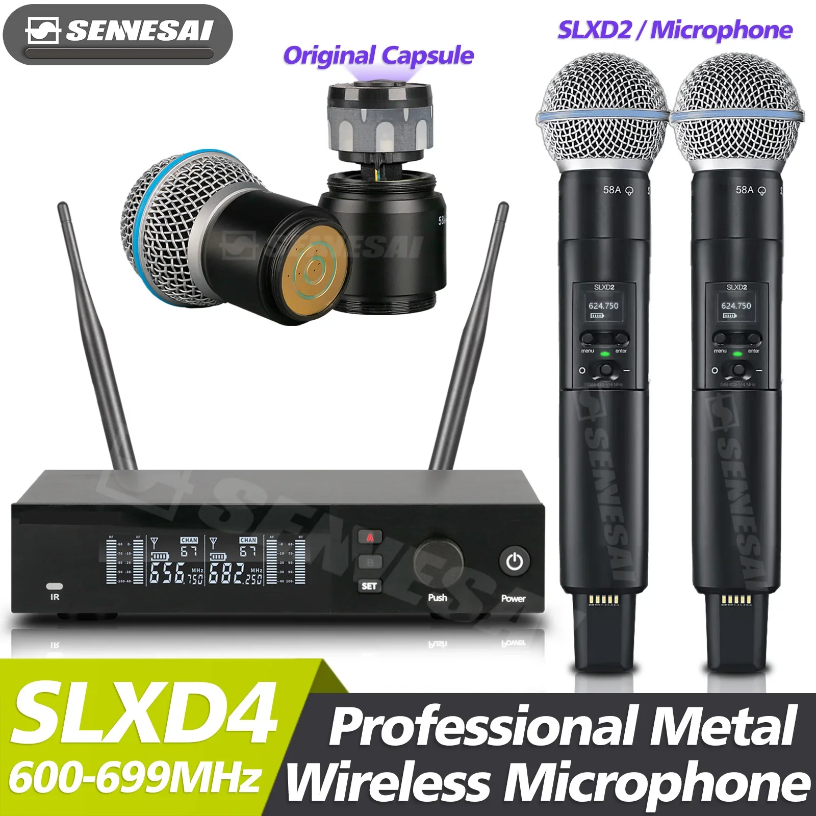 

Top Quality！SLXD4 Professional Dual Wireless Microphone Stage Performance 2 Channels 600-699MHz UHF Karaoke Metal Handheld SLXD2