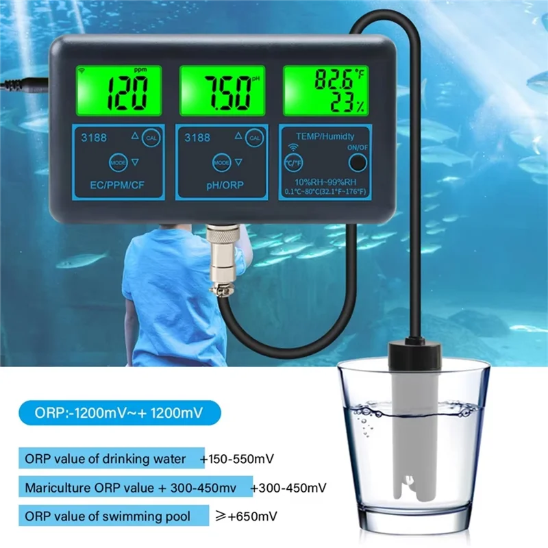 ABMF-Tuya Wifi 7 In1 Water Quality Tester Multi-Parameter Water Analyzer PH/ORP/EC/PPM/CF/Humidity/TEMP Monitor Meter US Plug
