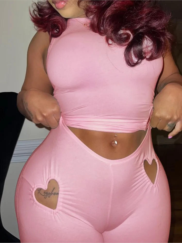 

Women's Fashion Love Hollow Out 2 Piece Set 2025 Nightclub Party Solid Color Sleeveless Vest And Slim Flare Pants Two Piece Sets