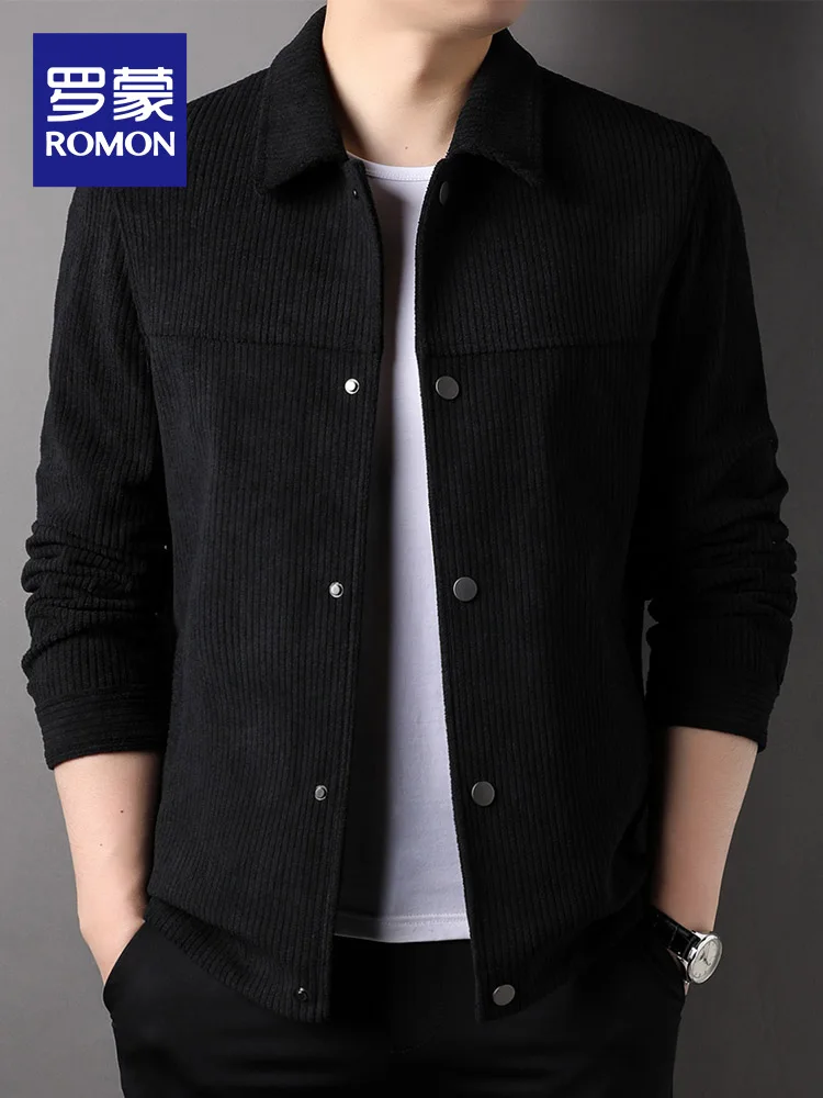 Lormen Men's Casual Short Coat Autumn Season Thickened Corduroy Jacket Turn-down Collar Fashionable Urban Style Polyester Fiber