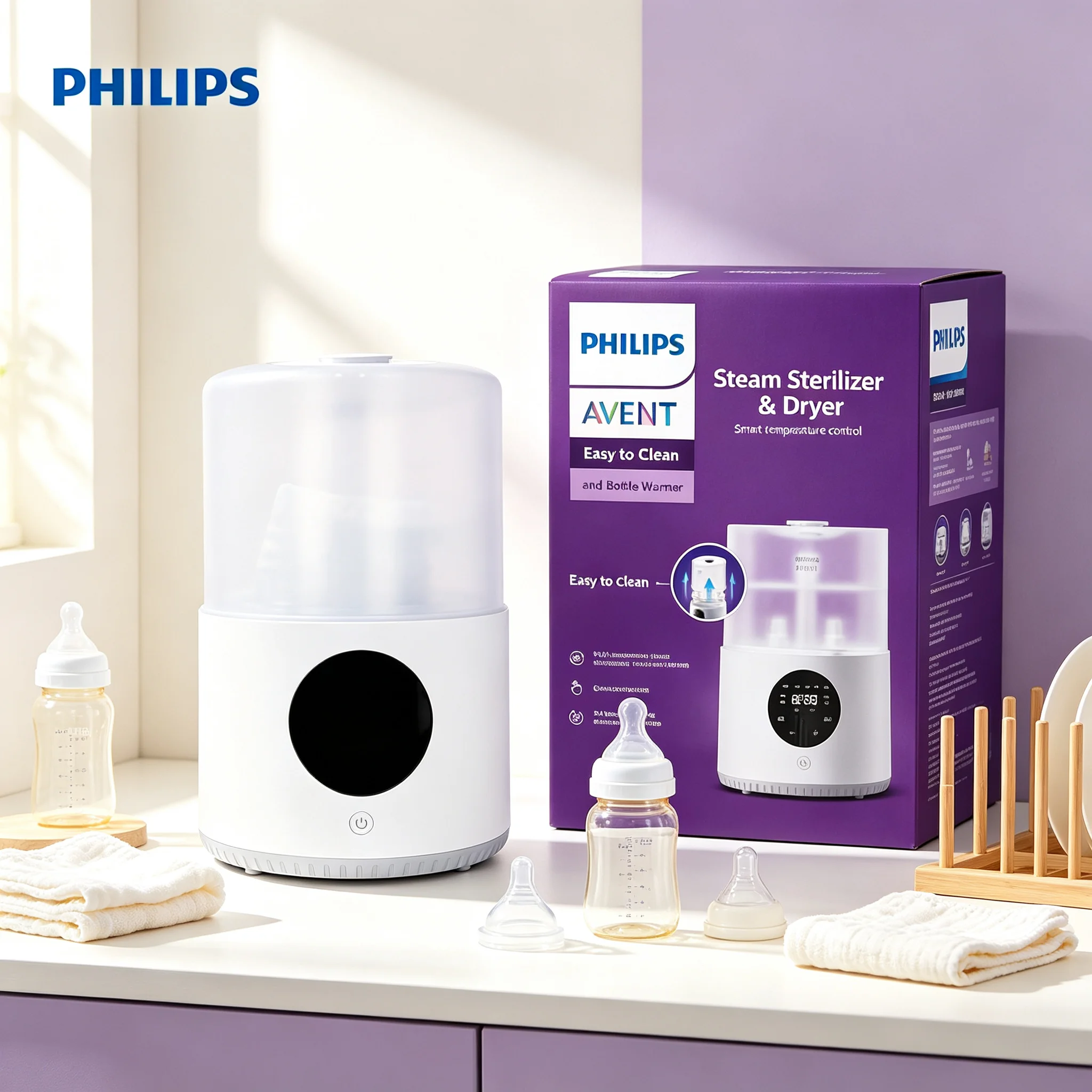 Philips Avent 2-in-1 Bottle Warmer & Sterilizer, Steam Sterilize 99.9% Germs, BPA-Free, Smart Overheat Protection