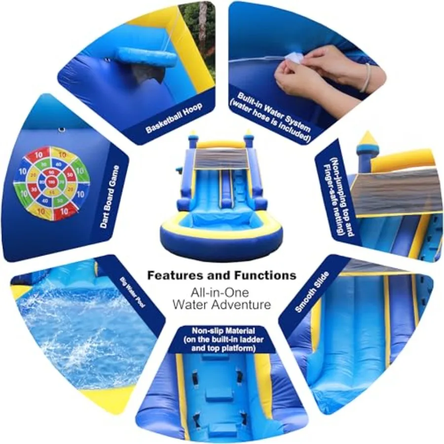 Commercial inflatable water slide for backyard outdoor birthday parties: premium PVC, blue and yellow, wet dry use, big pool an