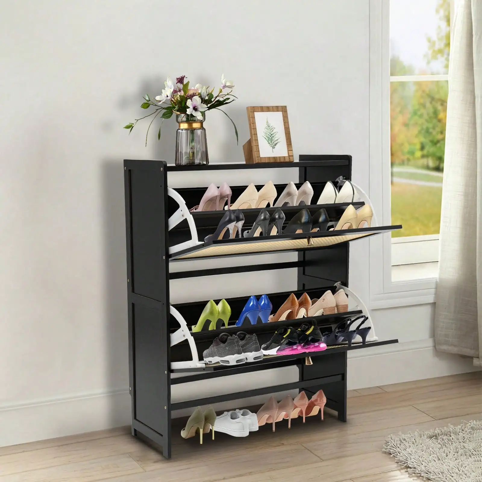 

Modern Shoe Storage Cabinet w/2 Flip Drawers Large Capacity Tipping Bucket Shoe Rack for Living Room Natural Rattan Shoe Cabinet