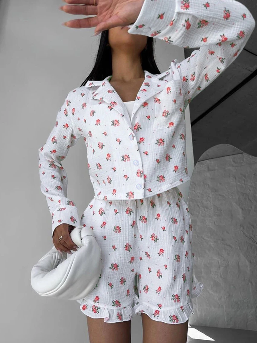 Marthaqiqi Casual Printing Women Sleepwear Set Turn-Down Collar Pajamas Long Sleeve Nightie Crop Top Pyjamas Shorts Pijamas Suit