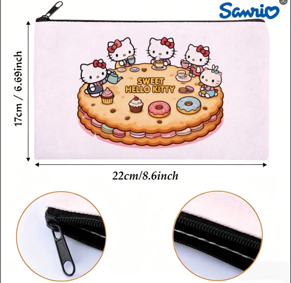 

1PC Sweet Hello Kitty Dessert Tea Party Double-sided Canvas Makeup Bag Portable Zipper Cosmetic Pouch