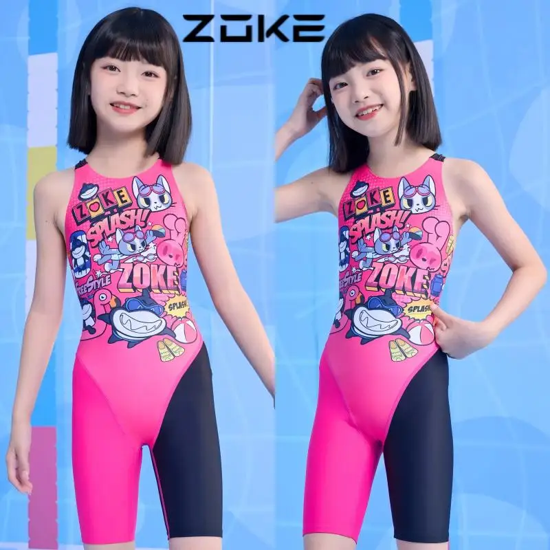 

Zoke Training Swimwear For Girls Upf 50+ Cartoon Chlorine Resistant Professional Knee-Length Racing Competition Swimsuit