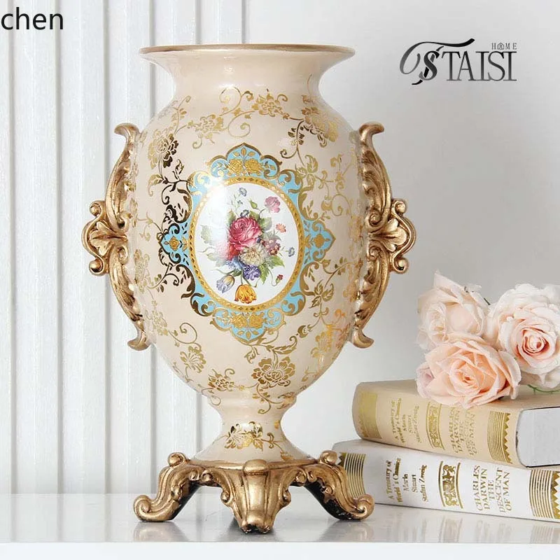 Luxury Style Double Ear Vase Elegant Resin Flower Pot Home Decor Living Room Decpr Ornament