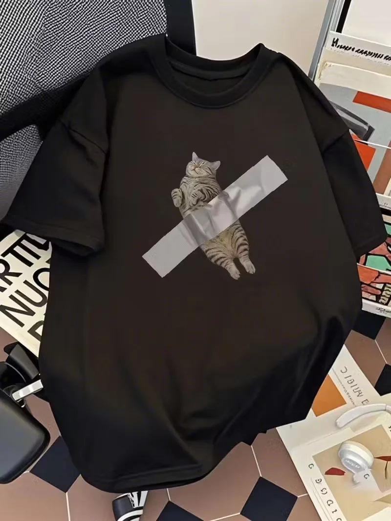 Sticky Tape Tabby Cat Graphic Tee Summer Breathable Short Sleeve Shirts Unisex Funny Viral Pet Kitty Casual Daily Street Tops