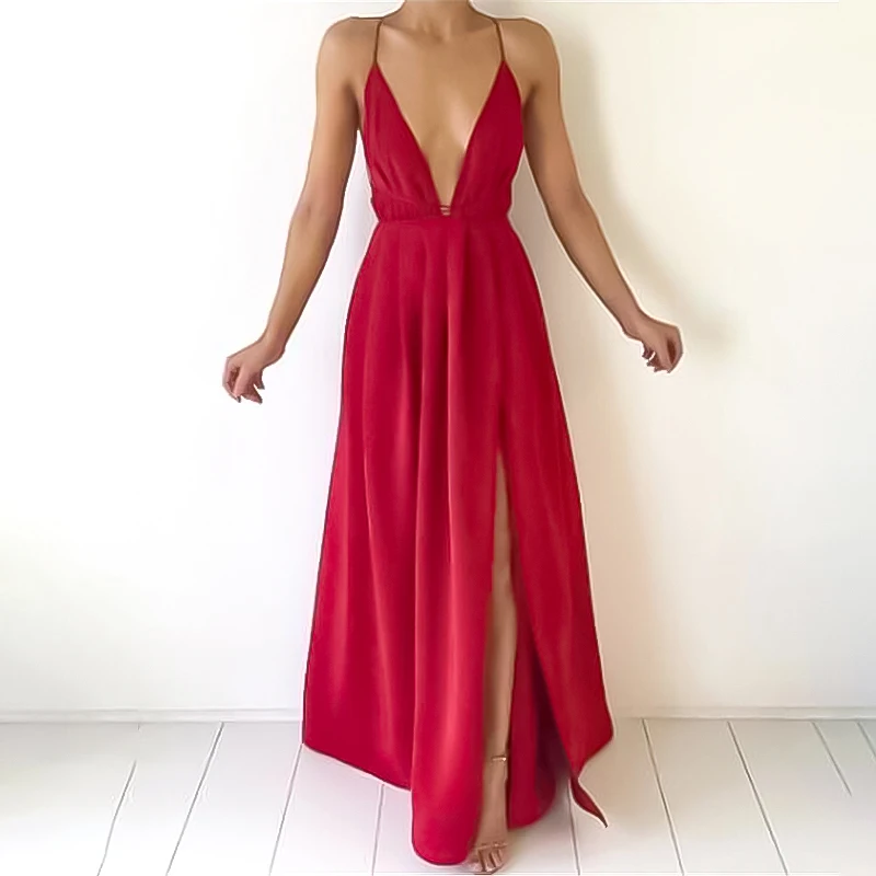 Nieuwe Sexy Vrouwen Boho Mouwloze Zonnejurk Rugloze Lange Jurk Bruidsmeisje Formele Partij Bandage Split Strand Maxi Jurk