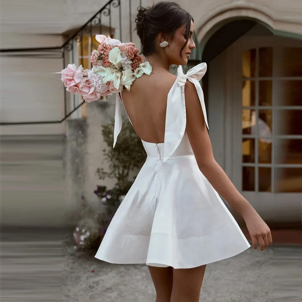White Satin Short Wedding Dresses Square Neck Ruched Bow Wedding Party A-line  Mini Bridal Gown Zipper vestido do novia