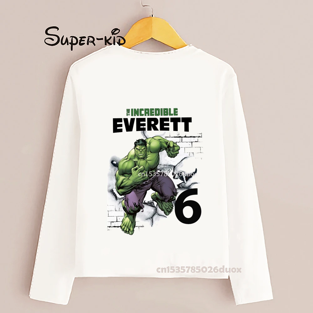 Boy 3 4 5 6 7 8 Years The Hulk Customized Name Birthday Long Sleeve T-shirt Kid MARVEL The Hulk Birthday Fashion Bottoming Shirt