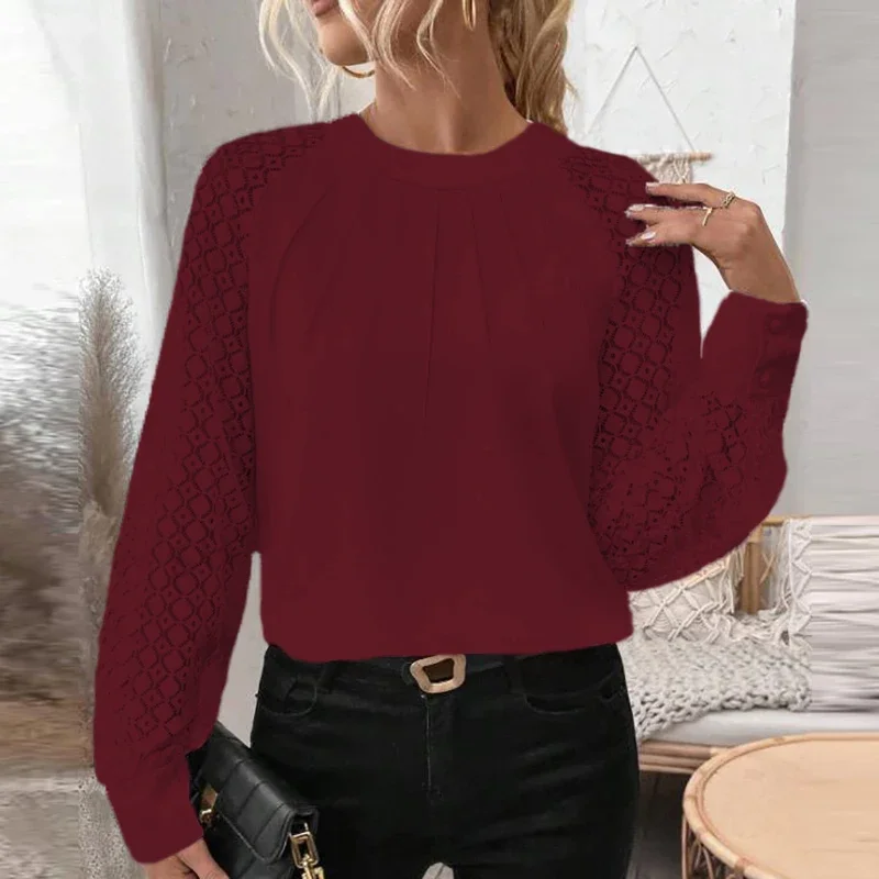 Elegant Long Sleeve Blouse Woman O Neck Lace Sleeves Black Pink Blue Red White Shirt Women Casual Loose Pullover Autumn Tops