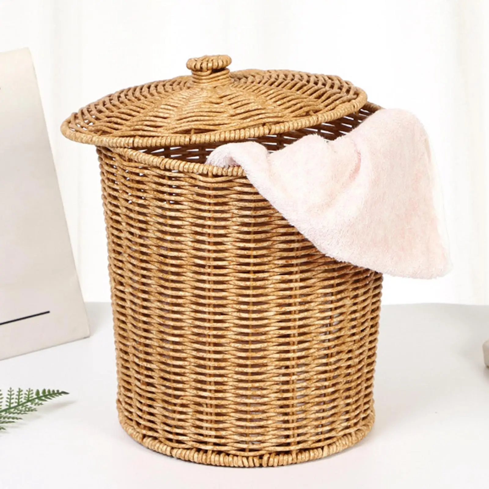 Imitation Rattan Basket with Lid Laundry Hamper Living Room Bedroom Woven Basket