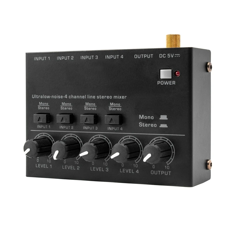 Ultra Low Noise 4 Channel Line Stereo Mixer 4 Input 1 Output DC 5V Portable Mini Audio Mixer Microphone Keyboard