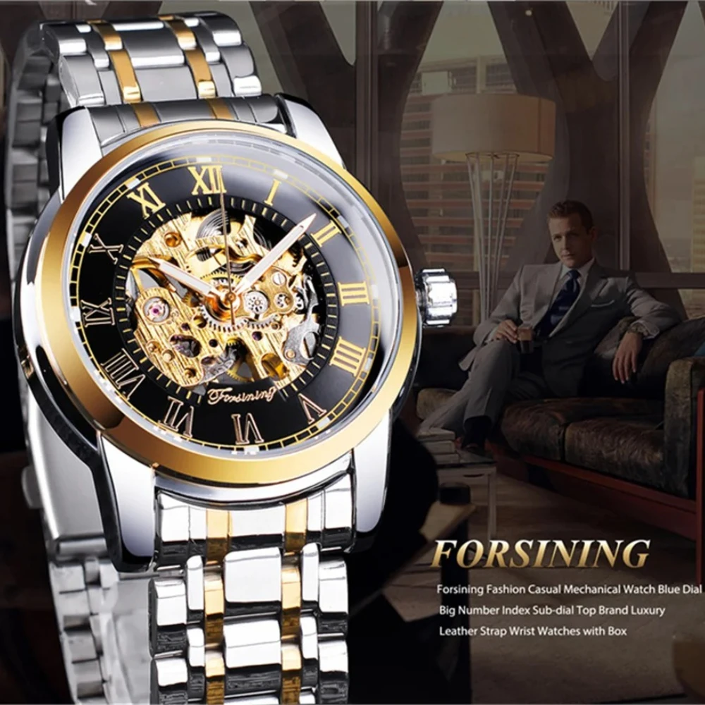 FORSINING Luxury Top Brand Hot Sale Skeleton Hollow Full Stainless Steel Mechanical Hand Wind Men Business Watches for Man Reloj