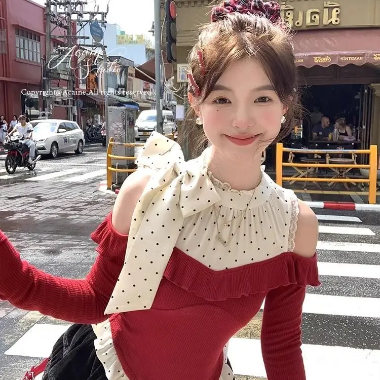 

Korea Retro Sweet Girl Polka Dot Off-Shoulder Fake Two-Piece Sweater Waist Slimming Women Spring Summer Design Long-Sleeved Top