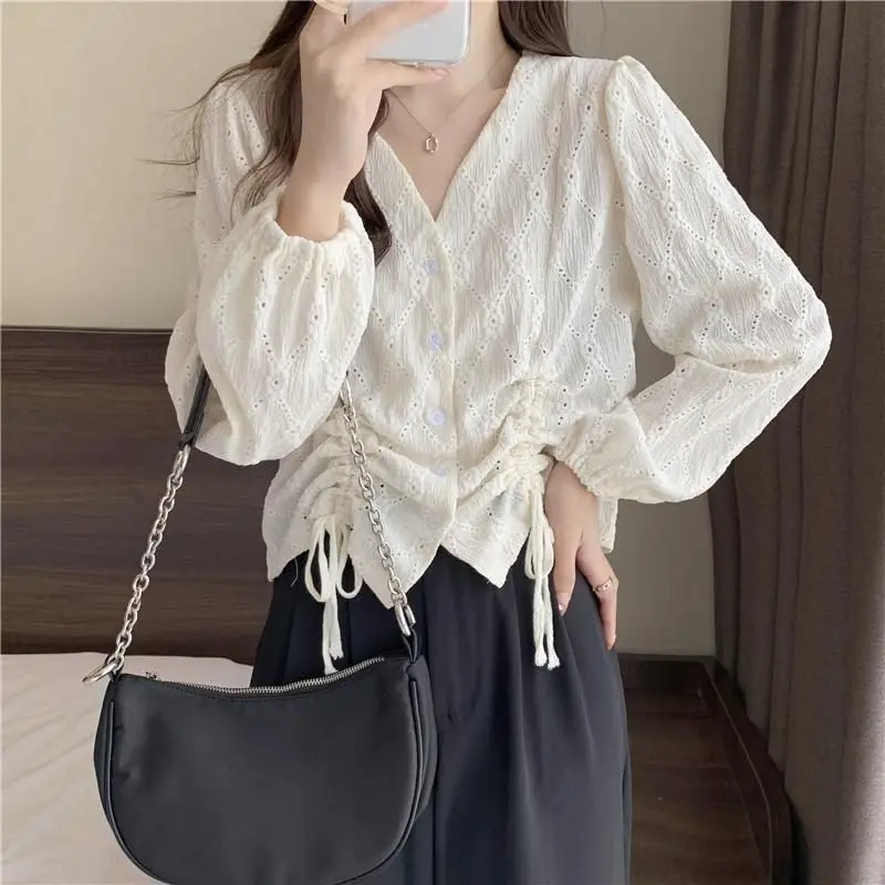 2024 Autumn Women's Spliced V-neck Button Hollow Out Drawstring Fashion Solid Color Loose Minimalist Casual Long Sleeve Shirts