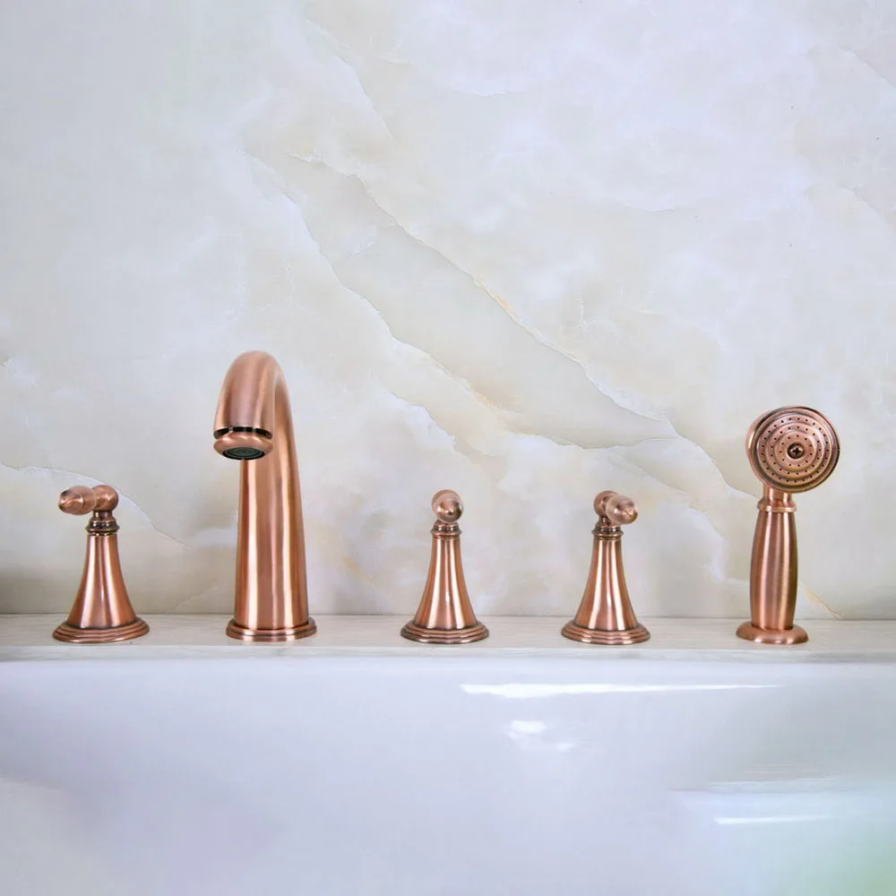 

Antique Red Copper Five Hole Deck Mounted Bathroom Tub Faucet Set with 1.5M Handheld Spray Shower Mixer Tap 2tf202