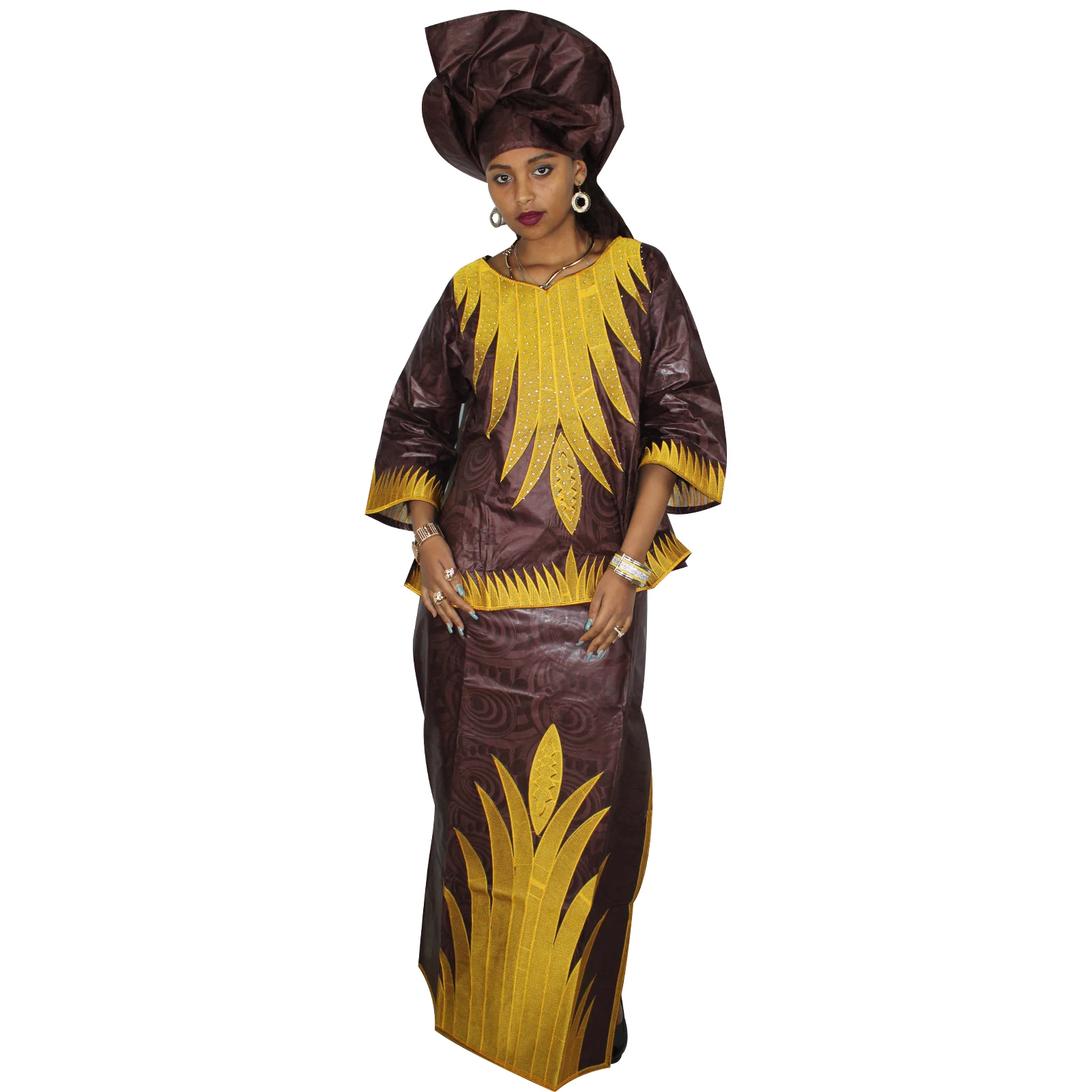 African Dresses For Women 3/4 Sleeve Top With Wrapper And Scarf 3pieces One Set 2 Size Smaller Than Us Size