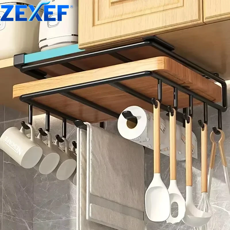 

ZEXEF Kitchen Hanging Organizer Rack with Hooks Under Cupboard Paper Towel Rags Hanger Cutting Board Pot Cover Storage Shelf