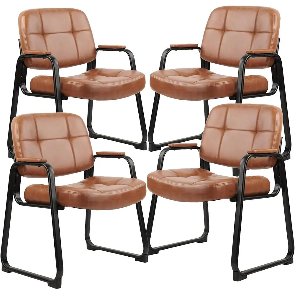 

Коричневые кожаные кресла для залов ожидания с высокой спинкой и мягкими подлокотниками, комплект из 4 штук для лобби и конференц-залов