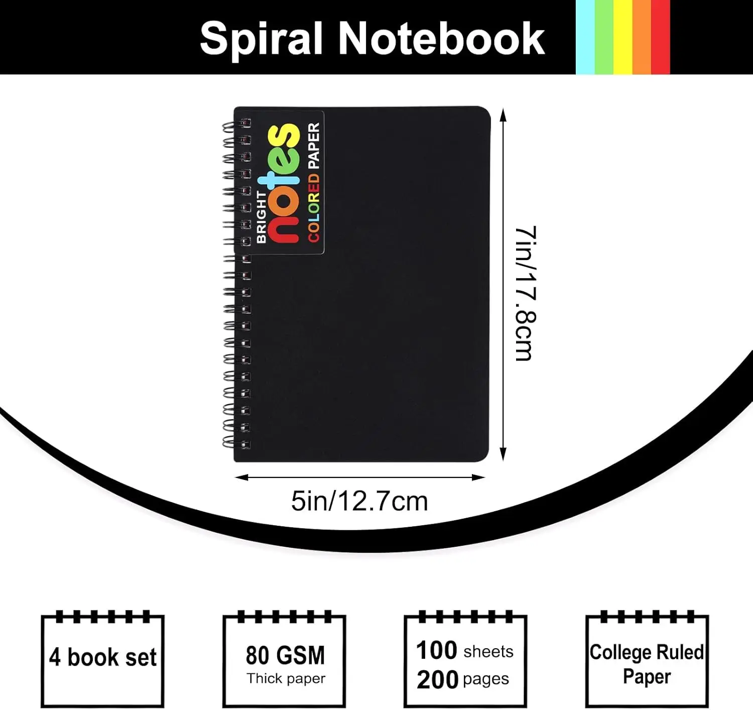 1 Set of Spiral Notebook 5*7inch University School Standard Notepad Black Pp Cover 7 Colors Inner Page Notebook 100 Sheets 200 Pages for School, University and Office Use