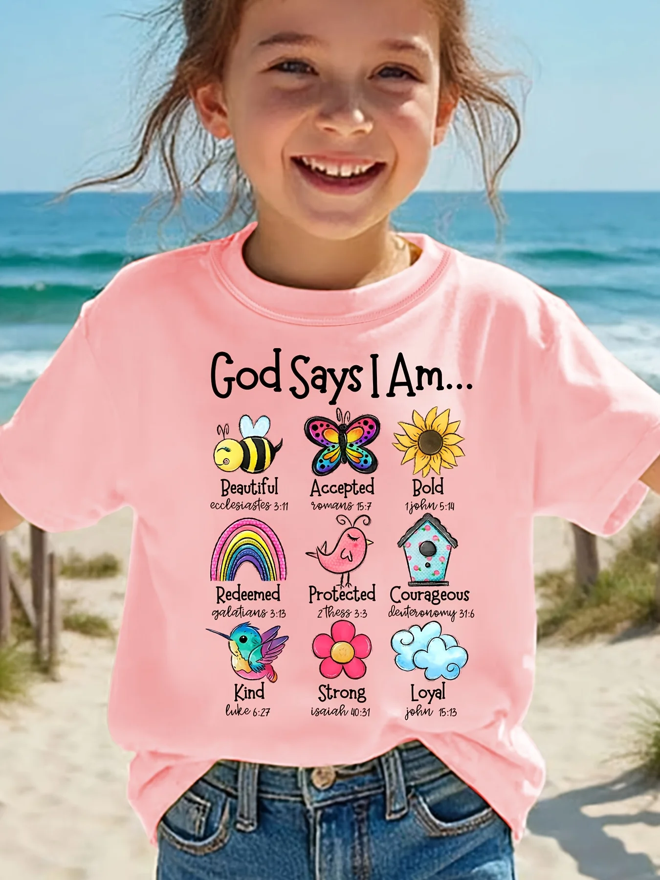 

"God Says I Am Beautiful" Inspirational Print with Butterflies Flowers T Shirt Girls Christian Jesus Tees Bible Verses T-shirts