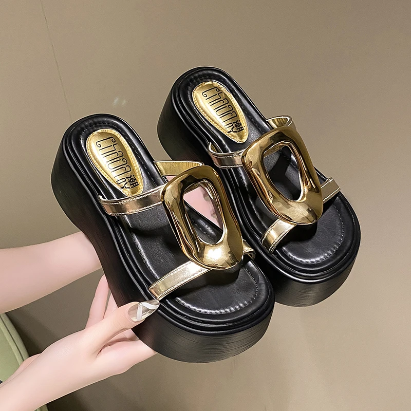 7.5CM Summer Chunky Sandals Women's Thick Bottom Wedge Heels Slides High Heels Platform Leather Casual Beach Flip Flops Woman