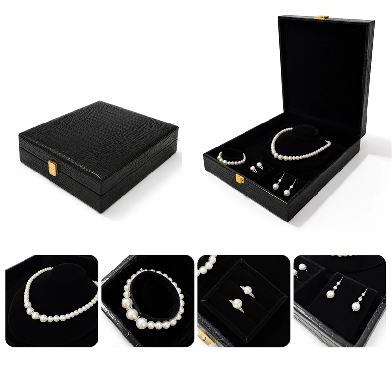 Luxury Jewelry Gift Box Crocodile Pattern PU Leather for Rings Necklaces Earrings & Studs - Velvet Interior Sturdy Durable