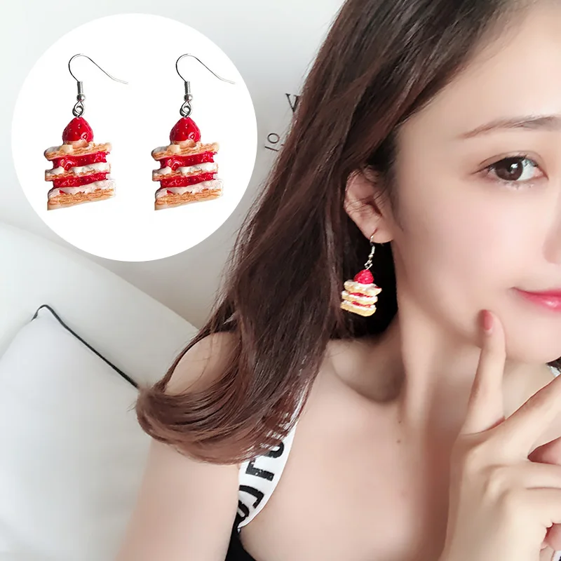 Fashion Women Strawberry Cake Earrings Resin Handmade Girl Sweet Funny Creative Cartoon Cake Food Drop Earring Ear Jewelry Gifts