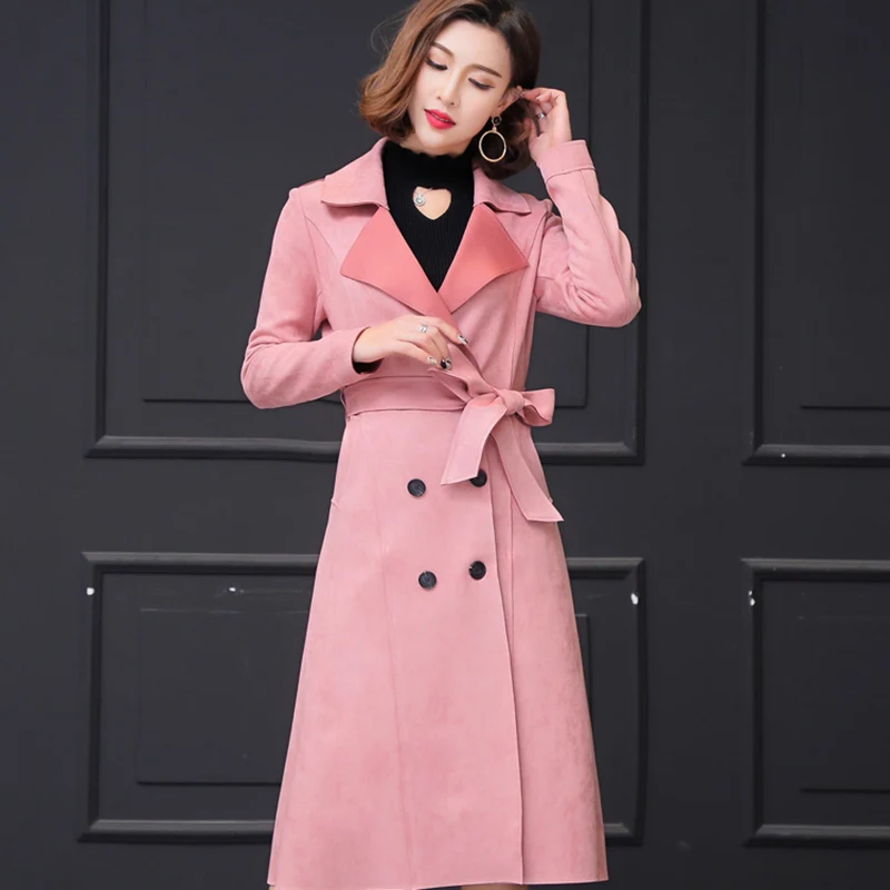 2023 Fall Winter Add Suede Deerskin Trench Coat Women Fashion Long Windbreaker Jacket Female Slim Double-Breasted Chic Overcoat