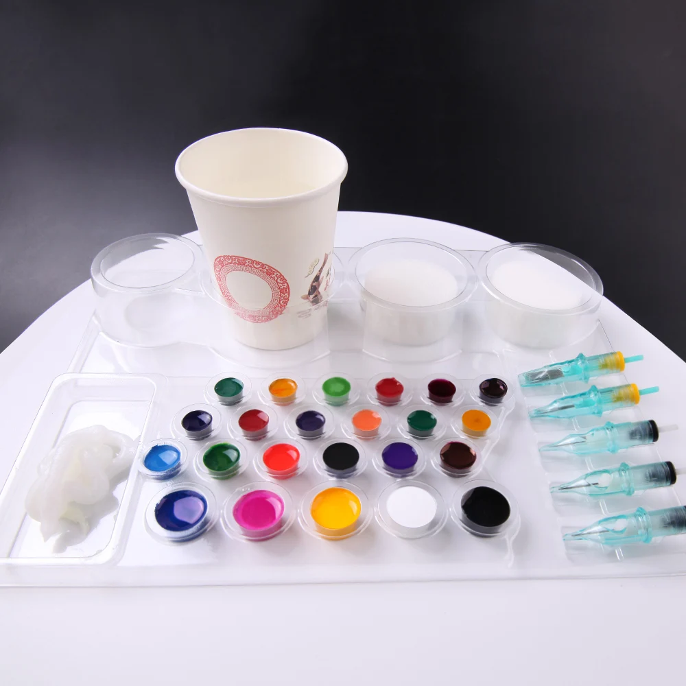 

24 шт. одноразовые лотки для чернил для татуировки, пластиковый лоток для чернил, лоток для татуировки, пигмент и держатель для игл, комплект подставки для микроблейдинга и аксессуары для татуировок