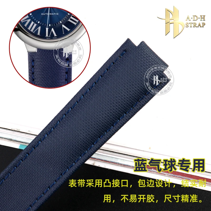 Canvas Nylon Watch Strap with Convex Interface For Cartier Blue Balloon Black Knight WSBB0027/25 Watch Band Folding Buckle Style