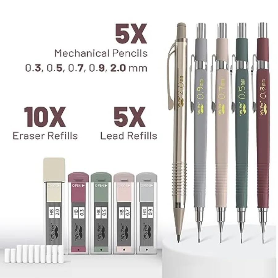 Art Mechanical Pencil Set, 5 Sizes 0.3, 0.5, 0.7, 0.9, 2.0mm 5 HB Lead Refills and 10 Eraser Refills, Precision Drawing Pencils