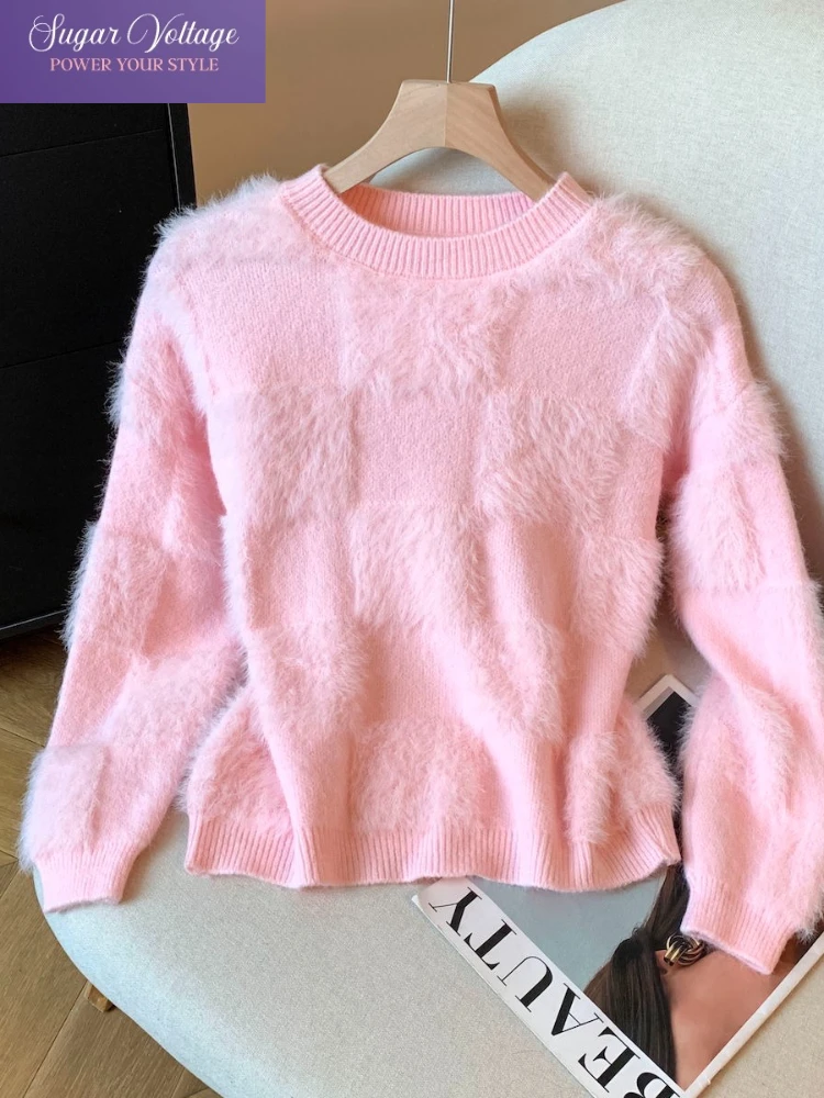 

Autumn Vintage Harajuku Fashion Knit Soft Sweater Women Loose Fit Long Sleeve Mink Velvet Tops Casual Elegant Plush Pullovers