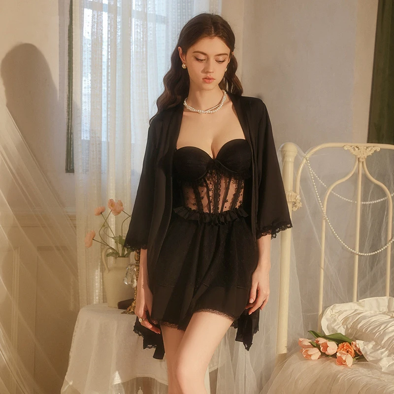 

Sexy Lingerie Lace Sheer Hollow Out Pure Open Back Padded Underwire Push Up Babydoll Slip Robe Homewear Set Hot Erotic Nightwear