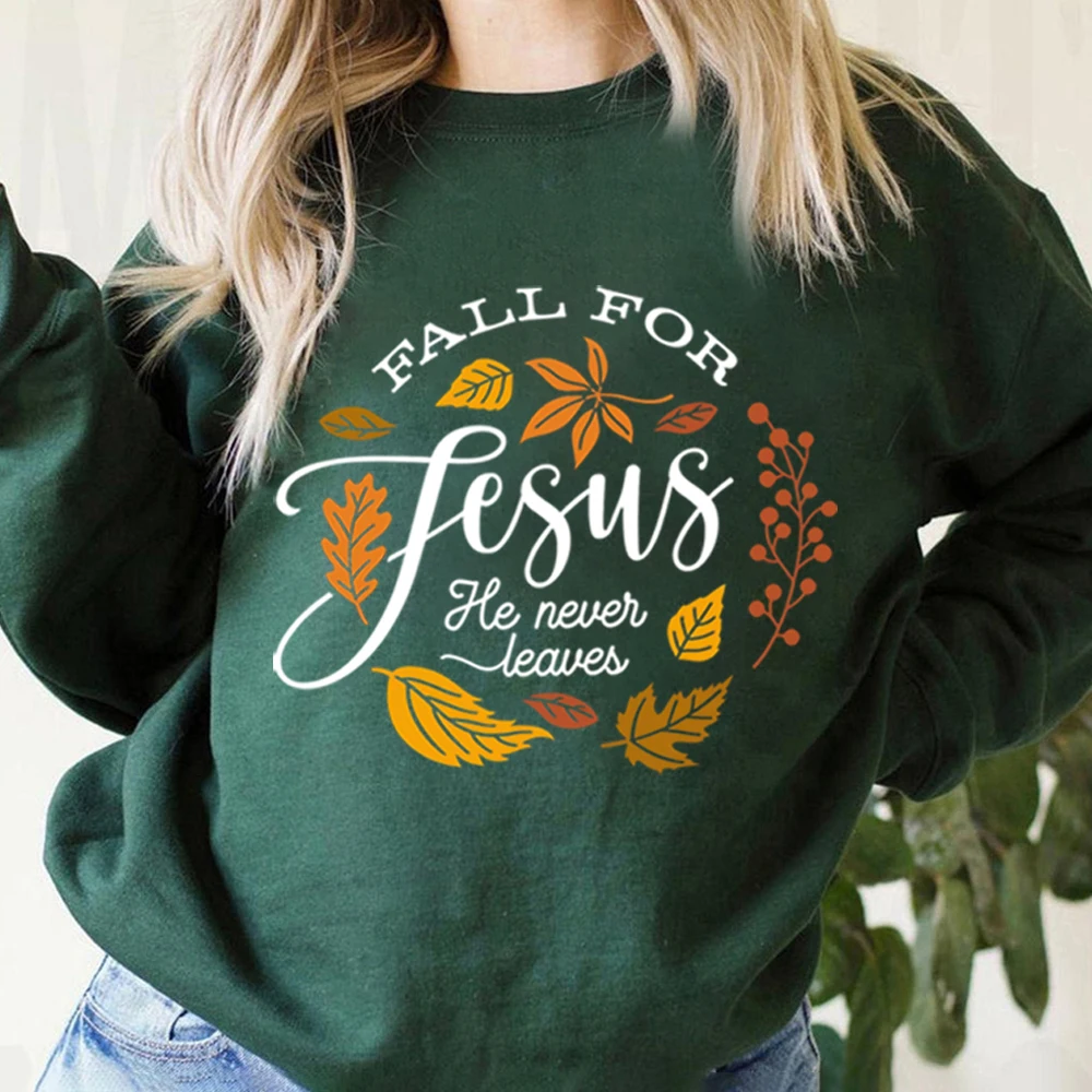 Unisex Fall for Jesus He Never Leaves Sweathirts Retro Jesus Shirt Aesthetic Christian Tops Bible Verse Tee Fall Sweatshirt