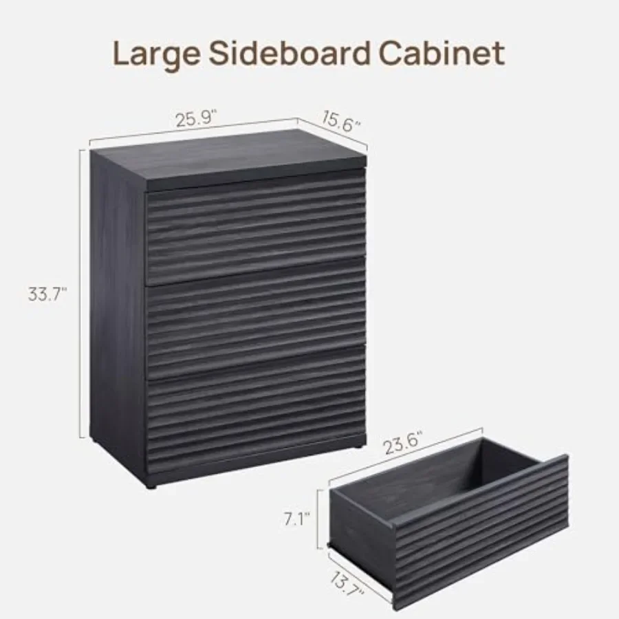 Black Fluted Sideboard Buffet Cabinet with 3 Large Drawers for Dining Room, MDF Wood, Black, Elegant Vertical Grooves and Smoot
