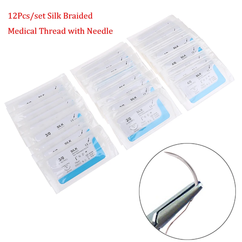 12Pcs 2/0 3/0 4/0 5/0 Medical Needle Suture Nylon Monofilament Thread Suture Practice Kit Teaching Demonstrations Exercises