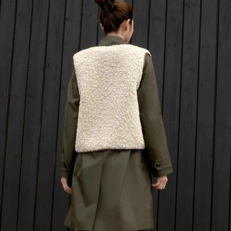 Tornova Polar Fleece Lace Up Vest Coat For Women Sleeveless Fashion Outwear Contrast Casual Autumn Winter Female Furry Jacket