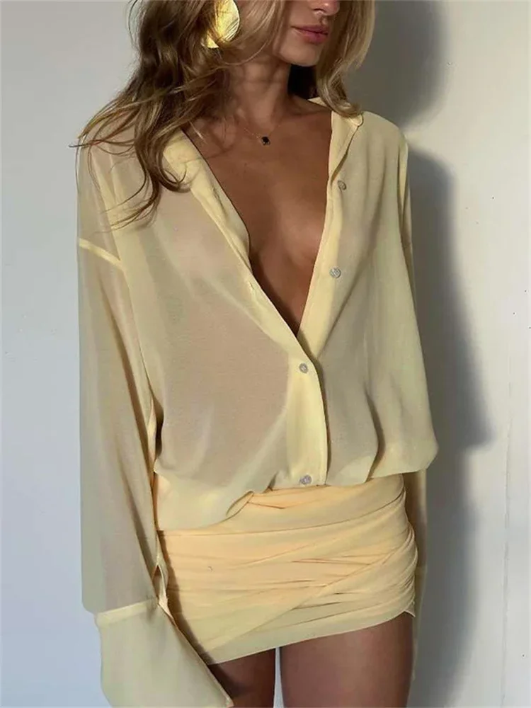 Minivestido transparente de manga larga para mujer, vestido ajustado liso elegante con solapa a la moda para ir al trabajo