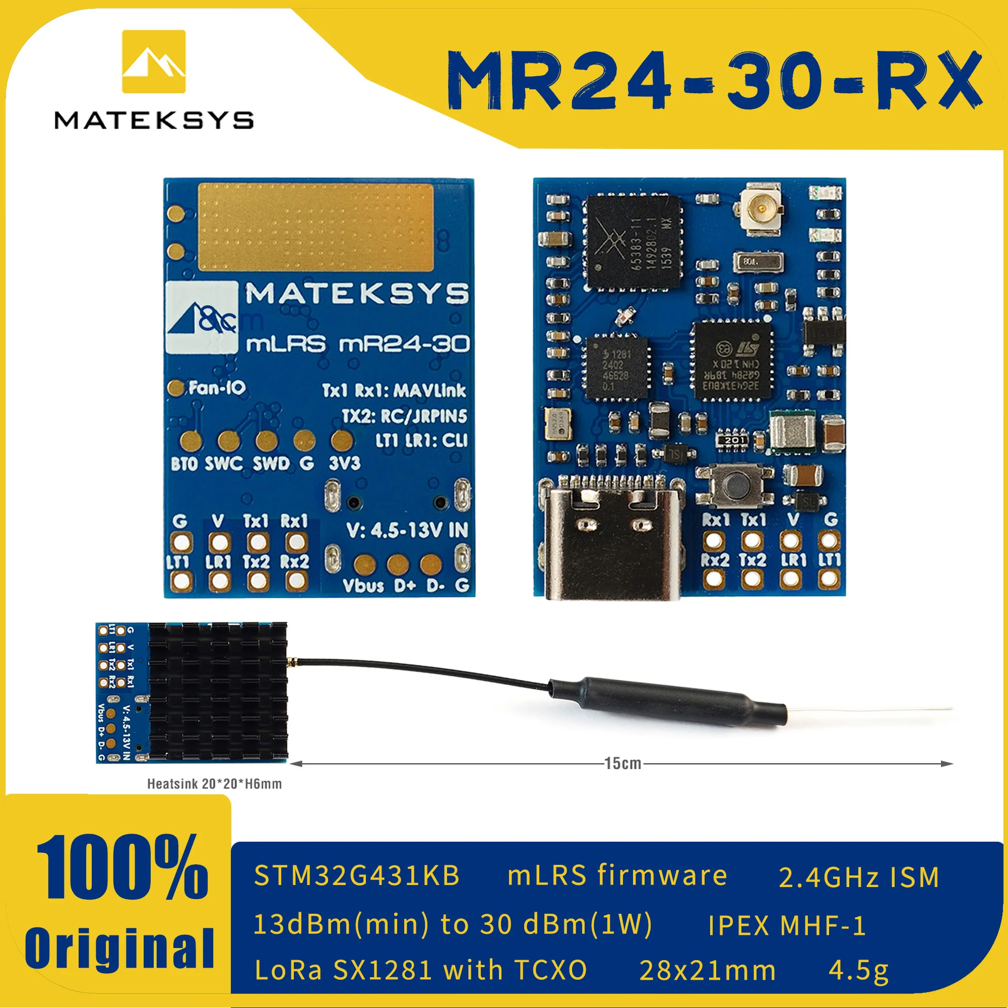 MATEKY Mateksys MR24-30 2.4G Receiver mLRS MAVLink 2.4GHZ RECEIVER LoRa 30 dBm RF Power RX For RC FPV Long Range Drones