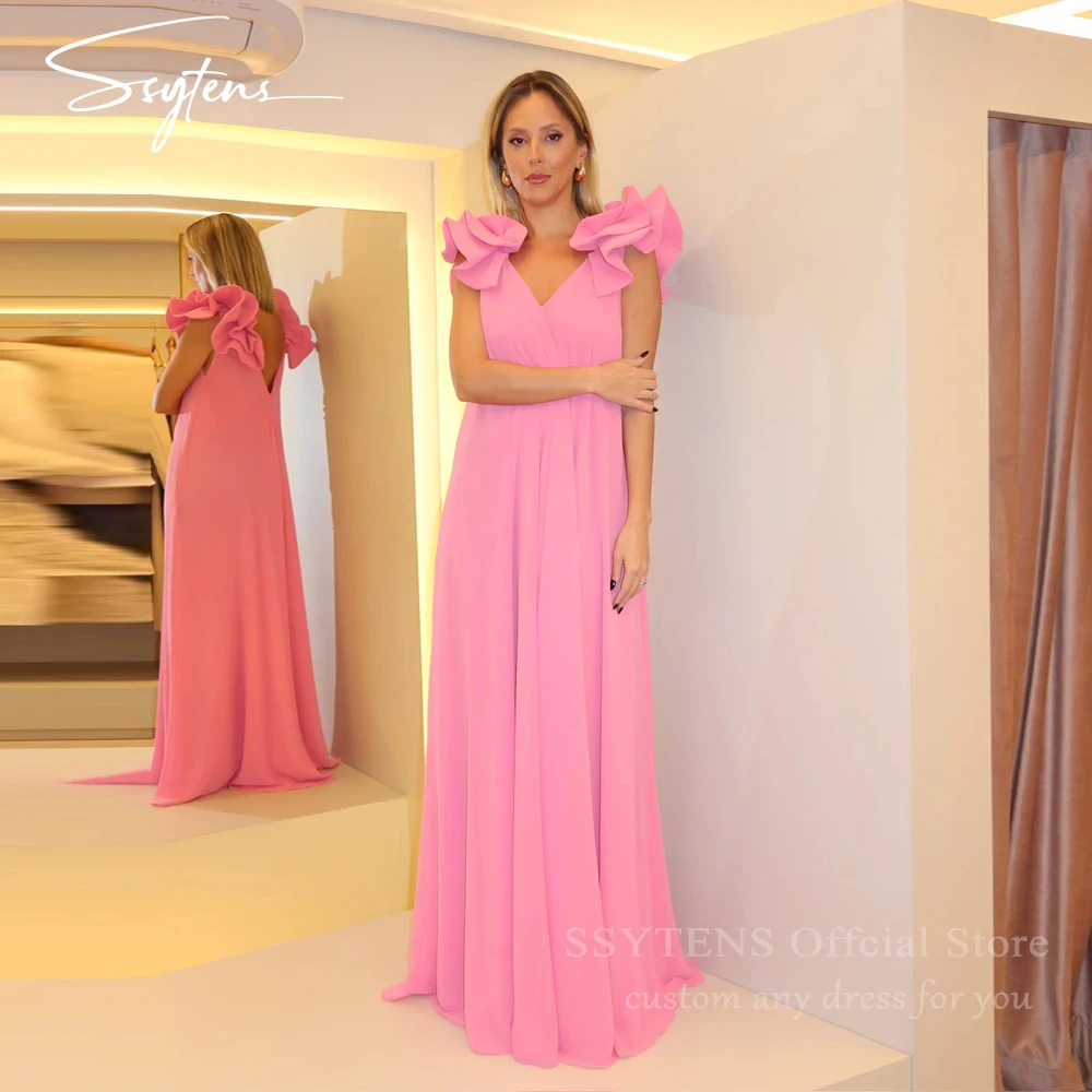 

SSYTENS Pink Evening Dresses V Neck 2026 Sexy Wedding Party Dress Floor Length Guest Prom Dress Ruffle Formal Dress Customized