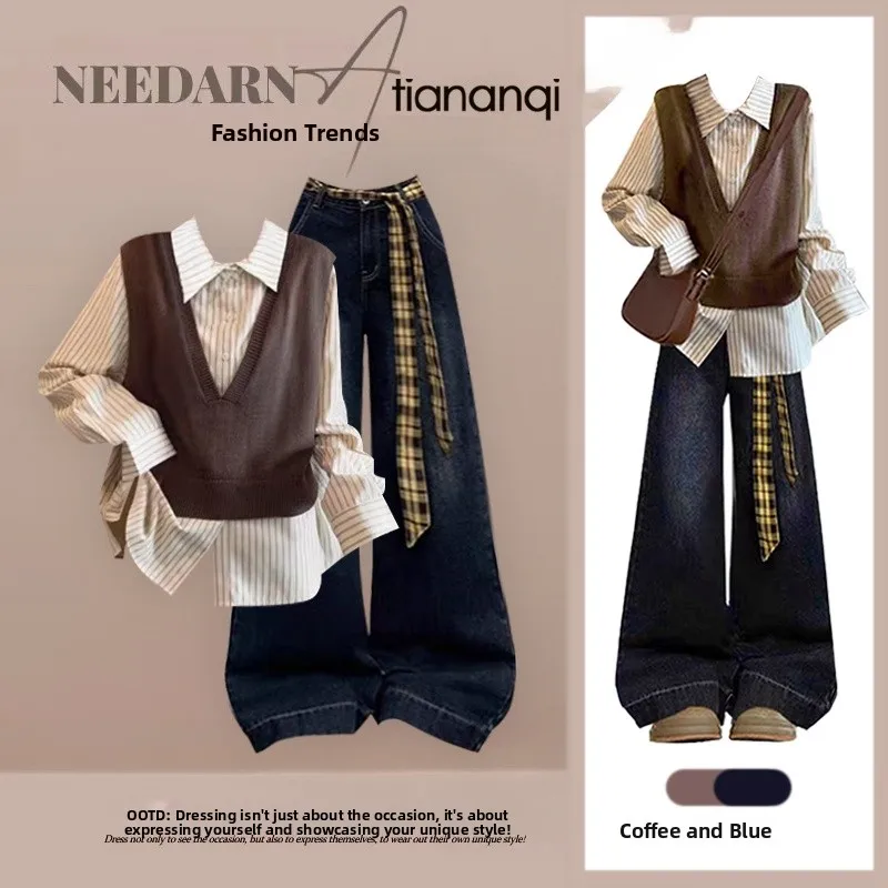 

Spring Seasonal Vintage Striped irt Knitted Vest Wide Leg Jeans Tee Piece Set Women's Faion Ensemble Casual Workwear